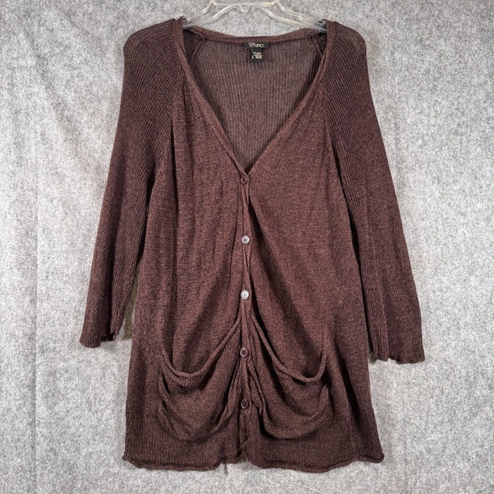 Vtg Cupio Linen Mesh Knit Cardigan Sweater Womens XL Brown Boho Lagenlook Rolled
